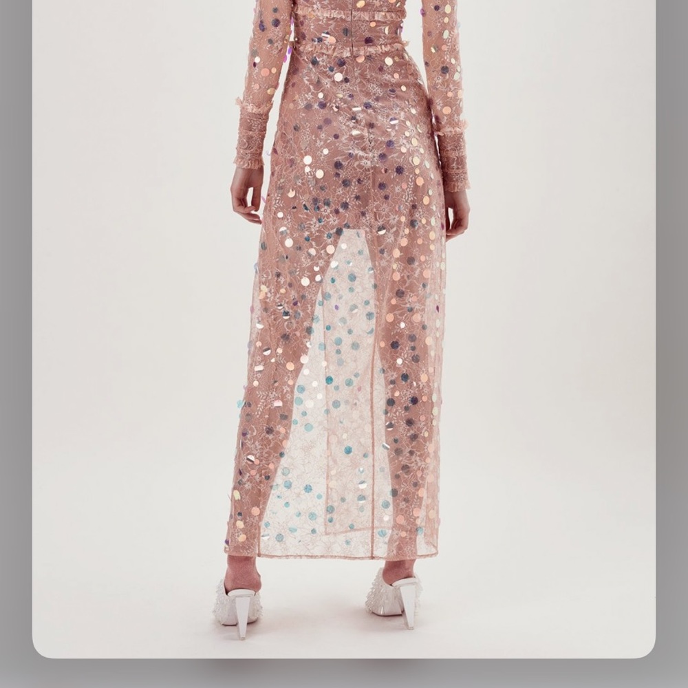 For Love & Lemons Ace Sequin Lace Nude Long Sleeve Slit Maxi Dress Gown - Picture 5 of 11
